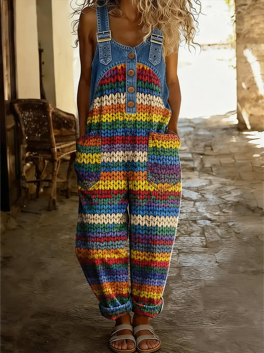 Women's Retro Style Art Print Washed Cotton Denim Patchwork Jumpsuit
