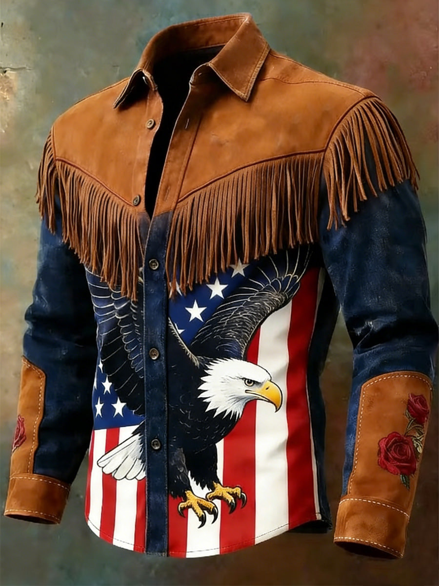 Men's USA Flag Art Western Style Print Vintage Tassel Casual Long Sleeve Shirt