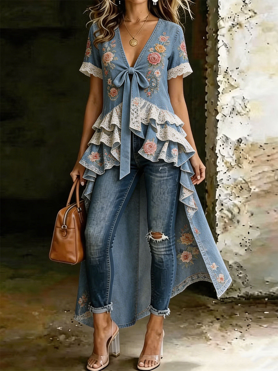 Retro Style Art Printed V-Neck Vintage Casual Irregular Short-Sleeved Top