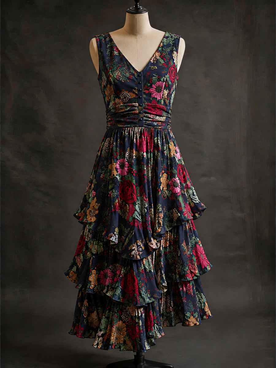 Retro Art Print Vintage V-Neck Button Up Midi Dress
