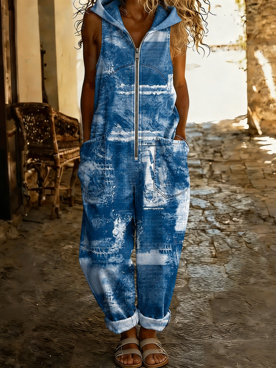 Women's Retro Style Art Print Washed Cotton Denim Sleeveless Hooded Zipper Jumpsuit