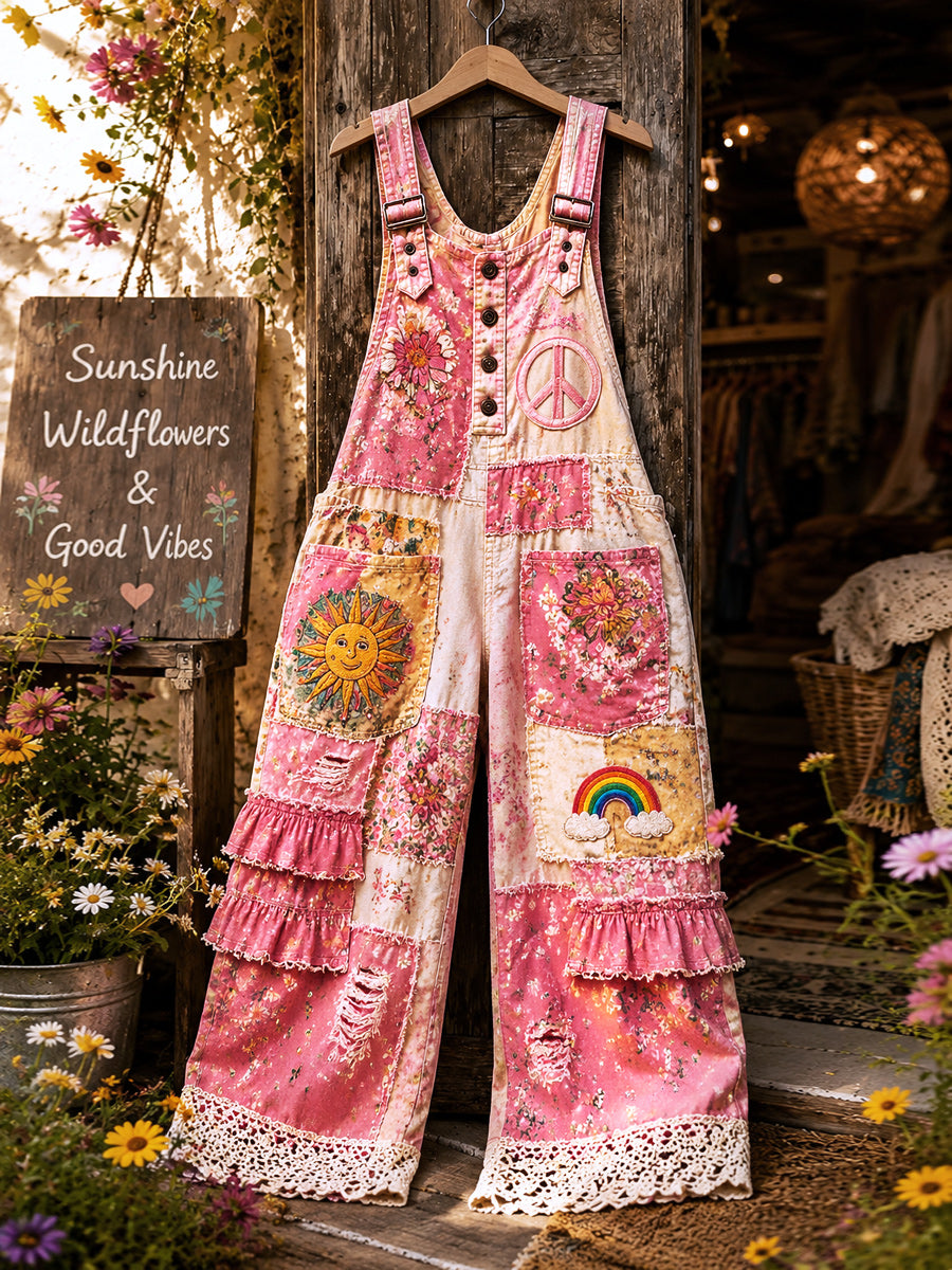 Women's Retro Style Art Print Washed Cotton Denim Patchwork Jumpsuit