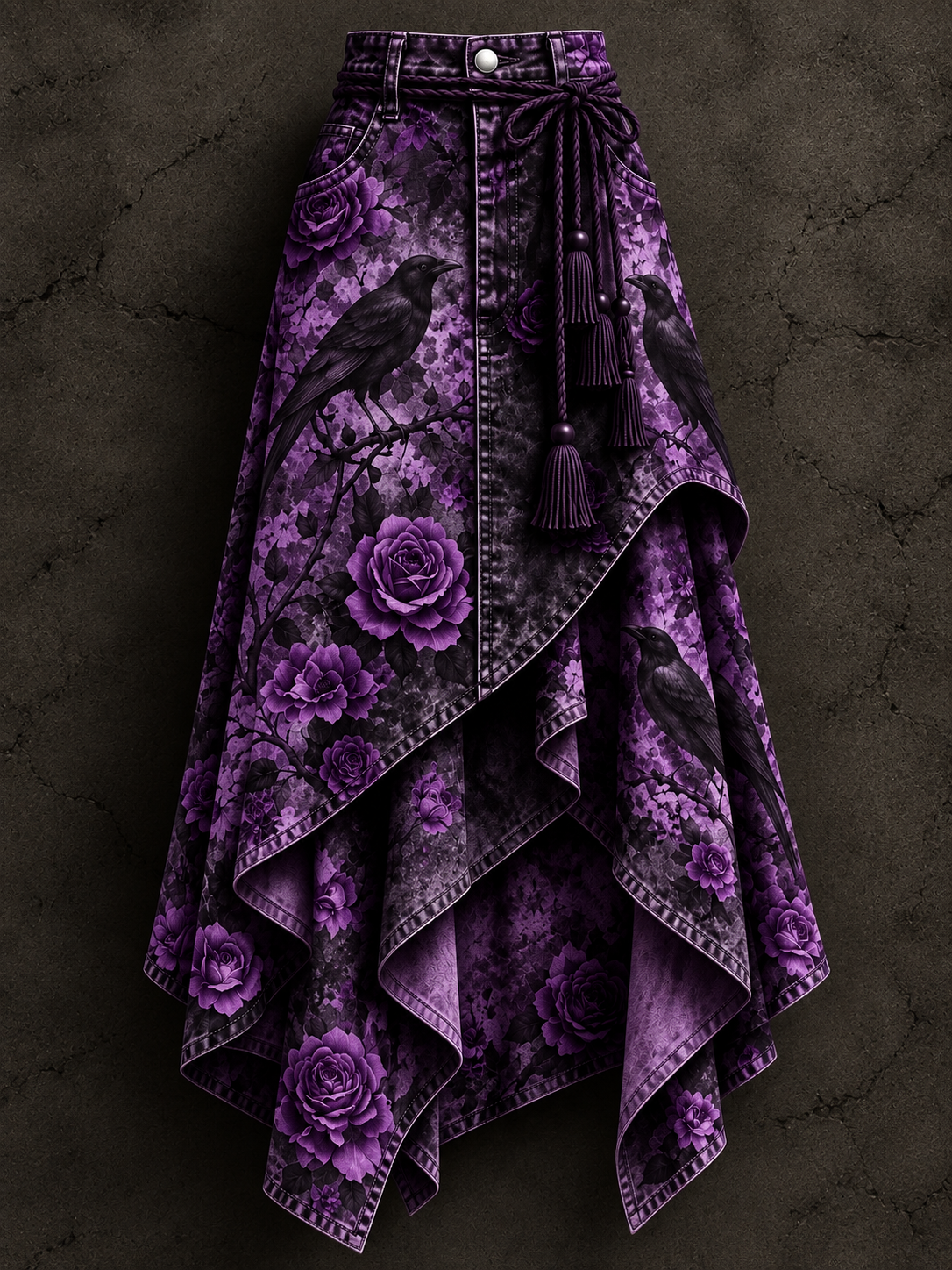 Women's Gothic Raven Floral Art Print Irregularly Layered Stitched Skirt