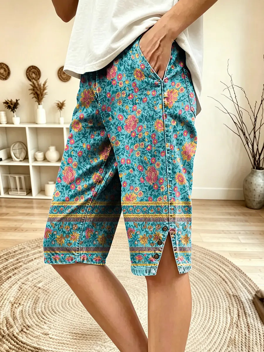 Women's Bohemian Floral Art Print Denim Bermuda Shorts
