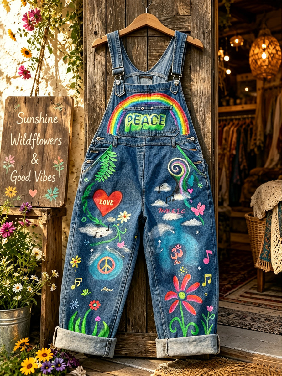 Women's Retro Style Art Print Washed Cotton Denim Patchwork Jumpsuit