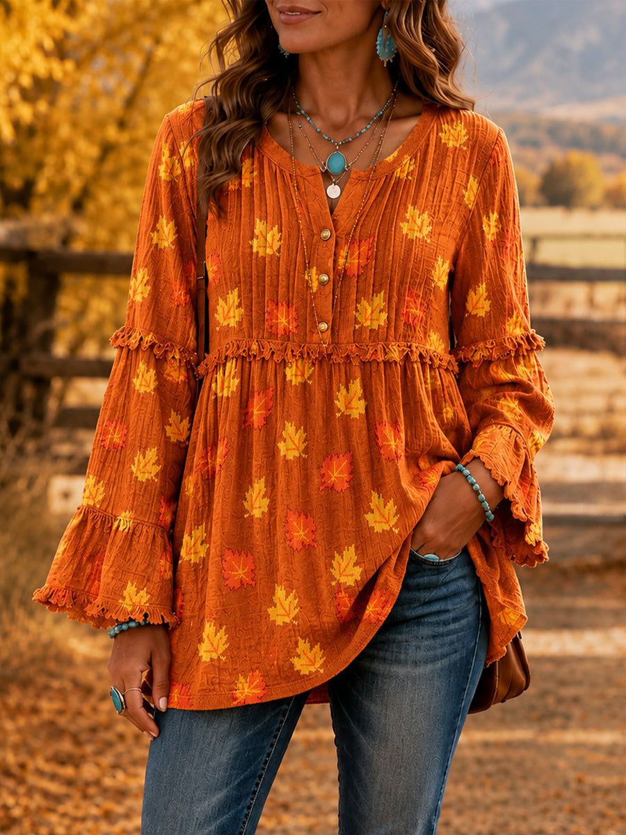 Women's Retro Style Art Print Button-Down Collar Spliced Trumpet Long Sleeves Shirt