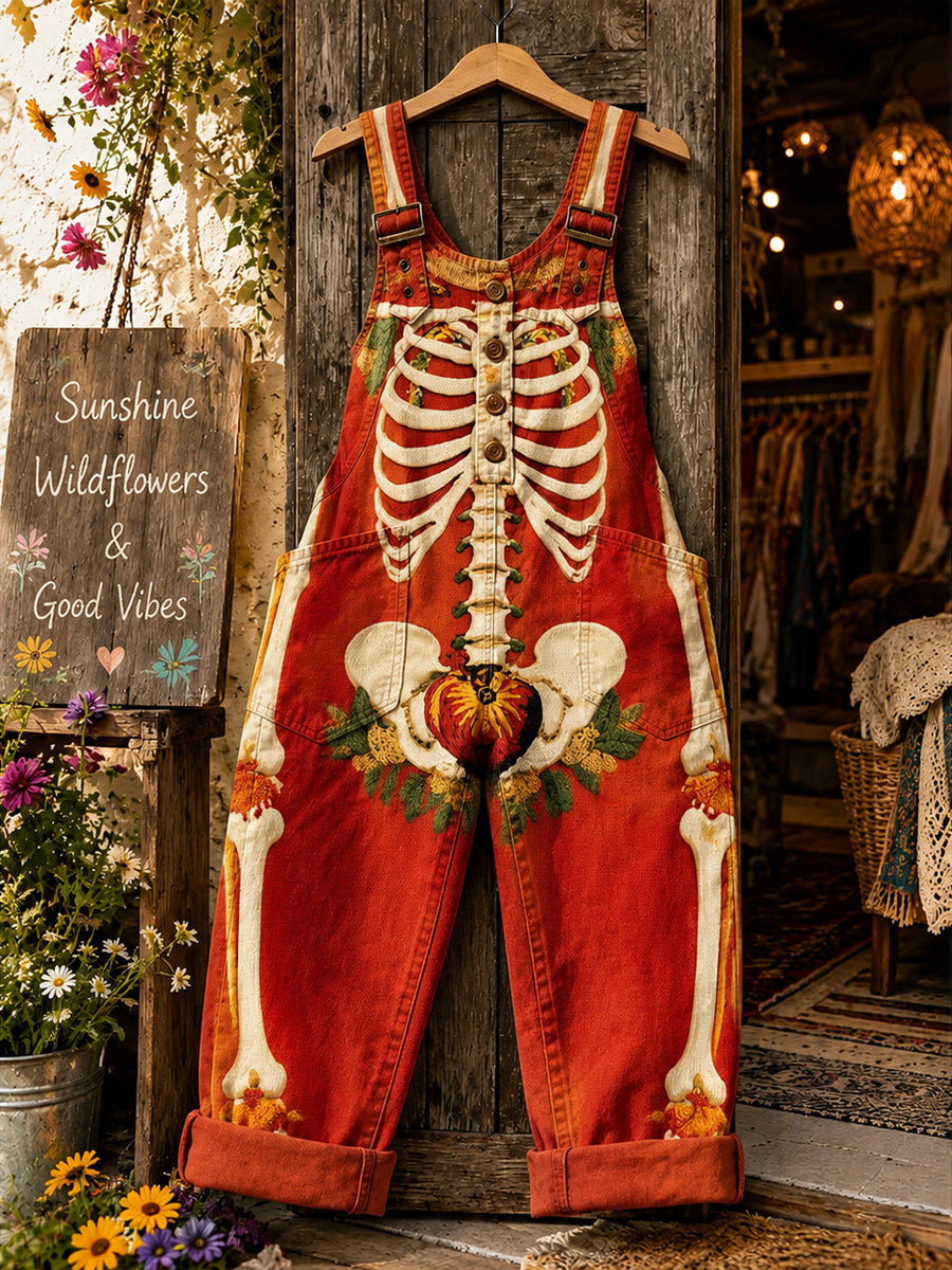 Women's Retro Autumn Style Art Print Washed Cotton Denim Patchwork Jumpsuit