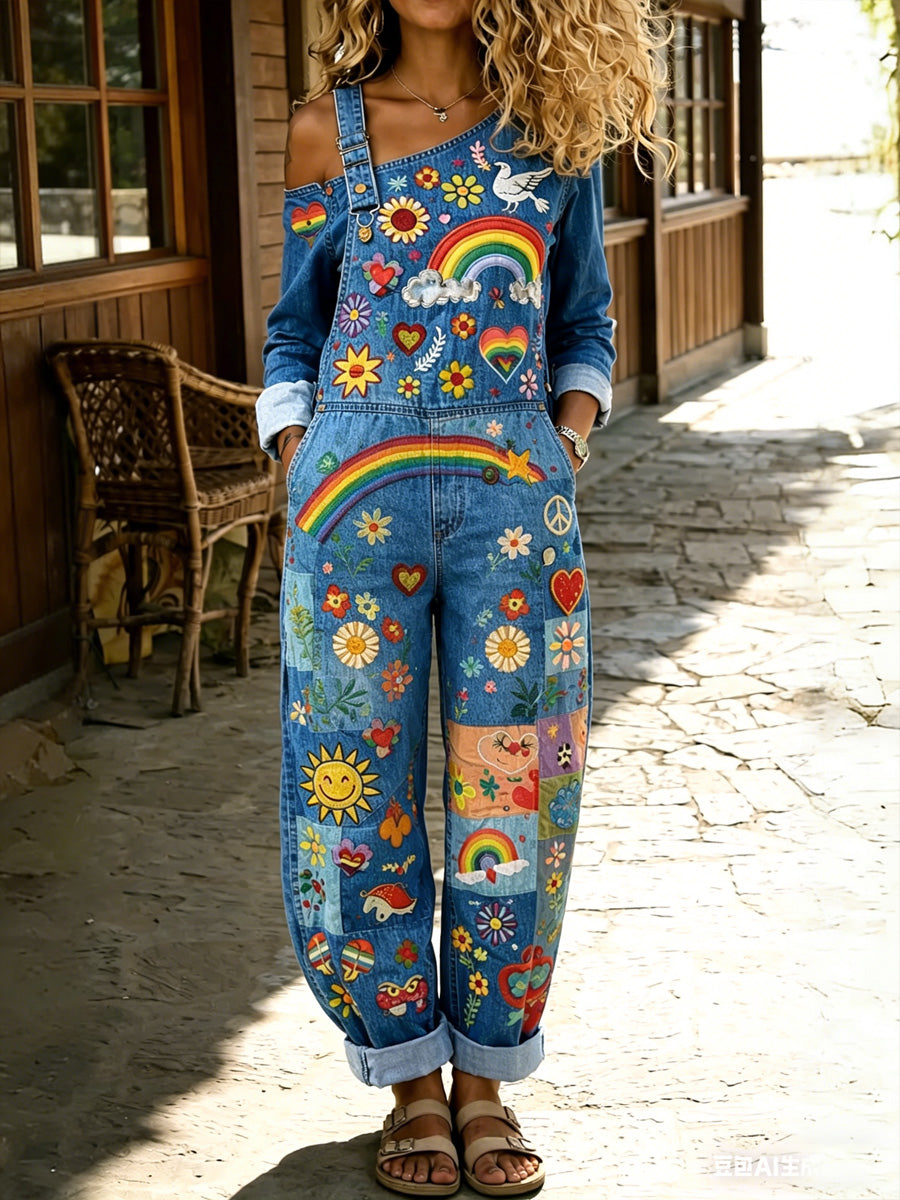 Women's Retro Hippy Floral Art Print Washed Cotton Denim Patchwork Jumpsuit