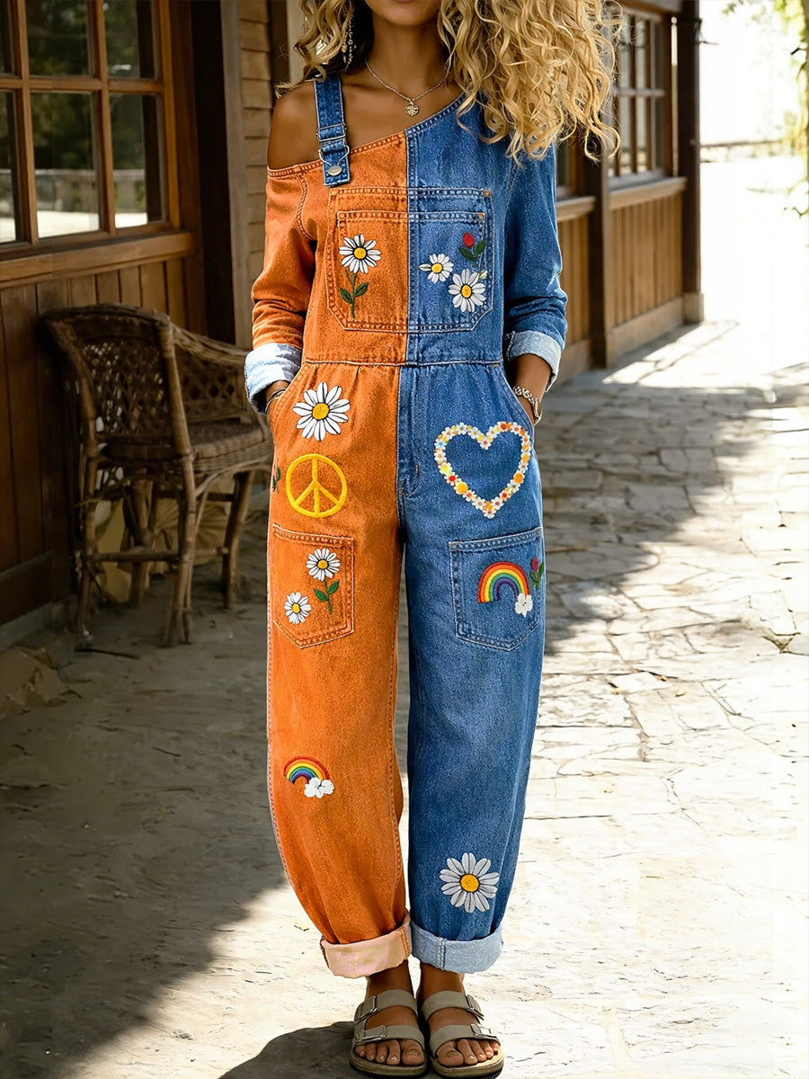 Women's Retro Hippy Floral Art Print Washed Cotton Denim Patchwork Jumpsuit