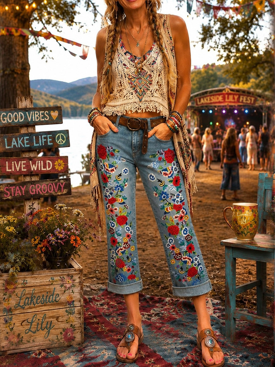 Retro Style Floral Art Print Vintage Casual Denim Shorts