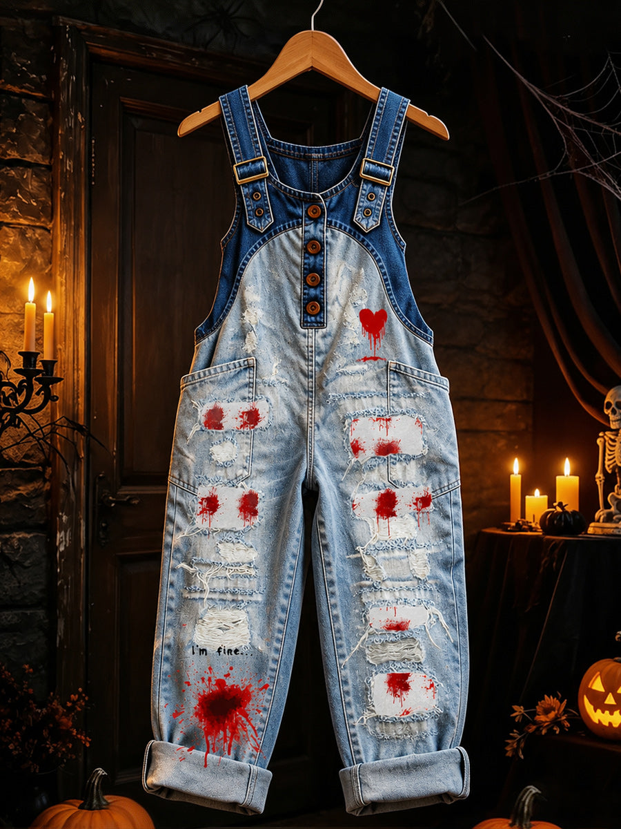 Women's Retro Style Art Print Washed Cotton Denim Patchwork Jumpsuit