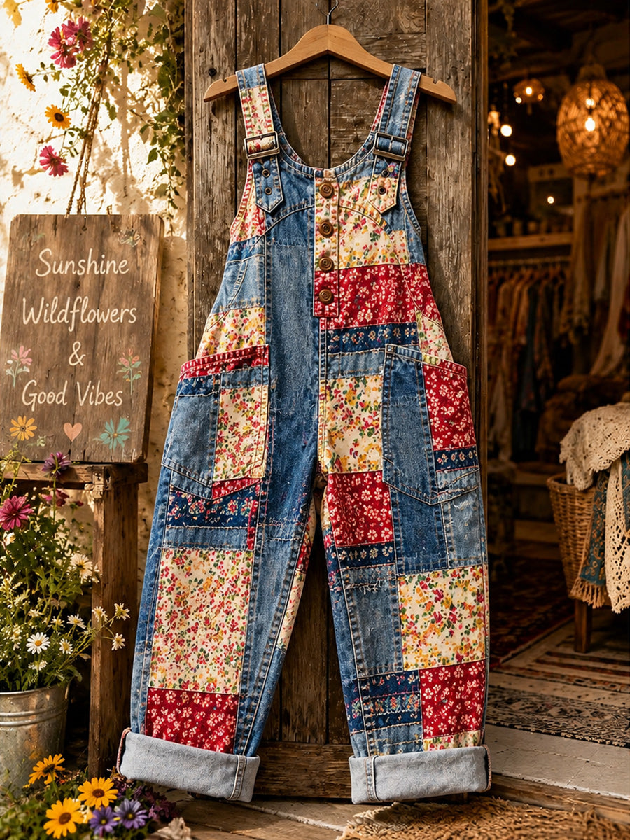 Women's Retro Style Art Print Washed Cotton Denim Patchwork Jumpsuit