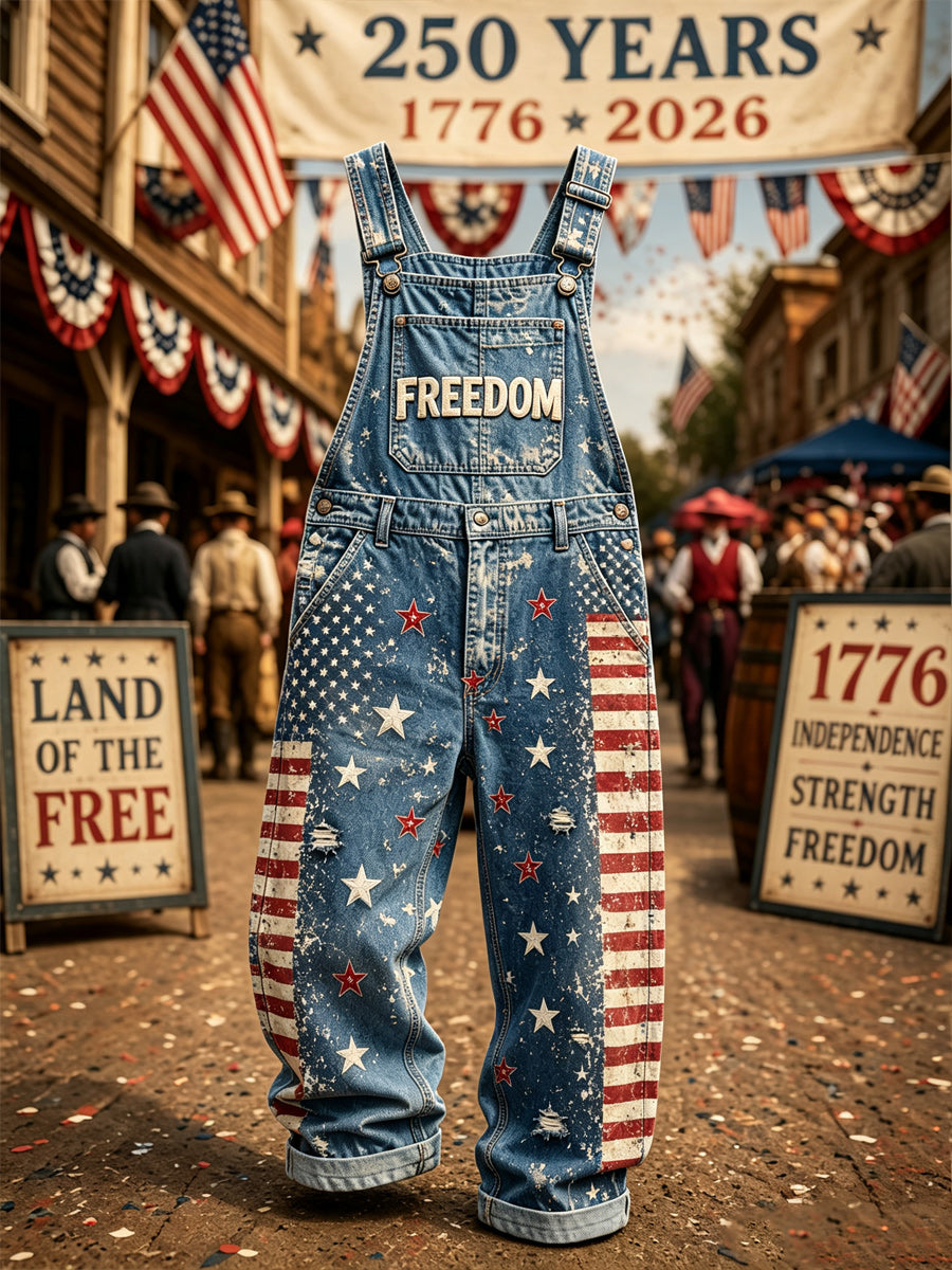 Men's Retro U.S A Freedom Print Vintage Casual Retro Denim Overalls