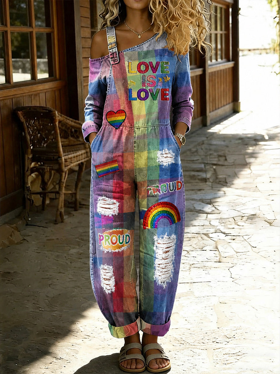 Women's Retro Pride Month Rainbow Art Print Washed Cotton Denim Patchwork Jumpsuit