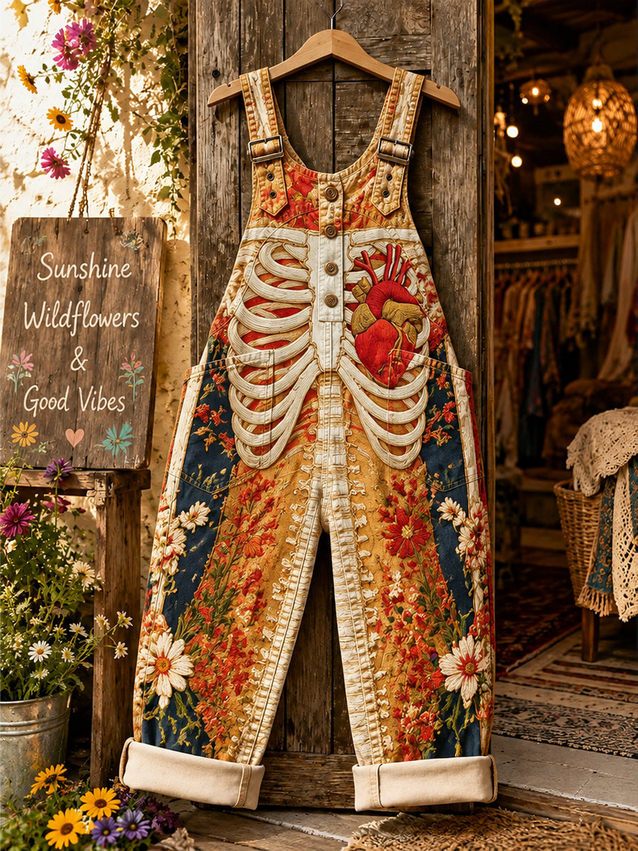 Women's Retro Autumn Style Art Print Washed Cotton Denim Patchwork Jumpsuit