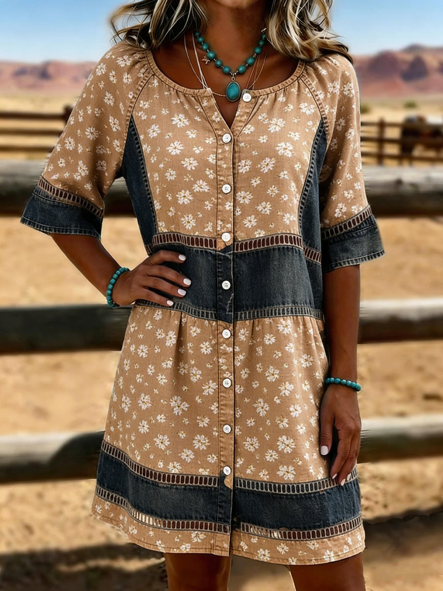 Retro Paisley Flowers Art Vintage Print Casual Hollow-Out Denim Dress