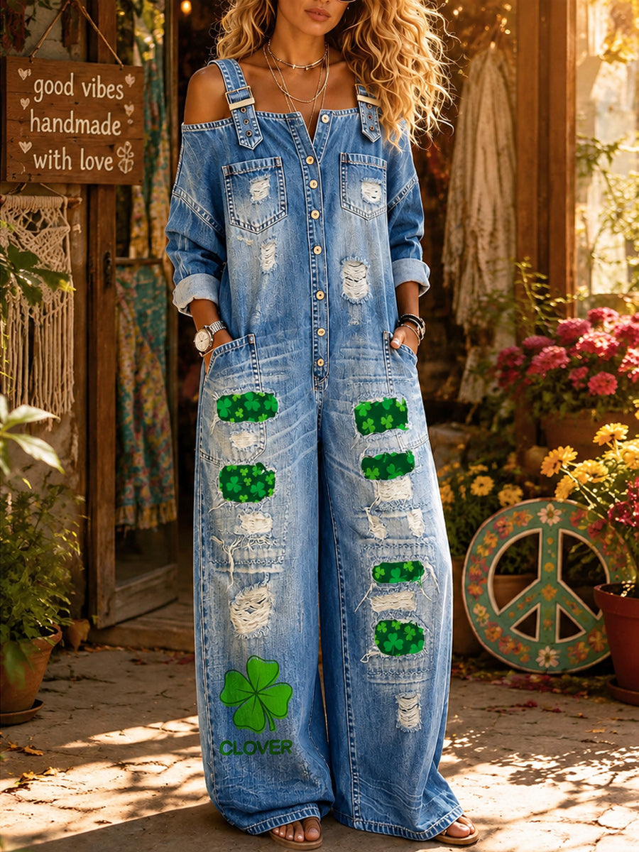 Women's Retro Style Art Print Washed Cotton Denim Off-The-Shoulder Jumpsuit