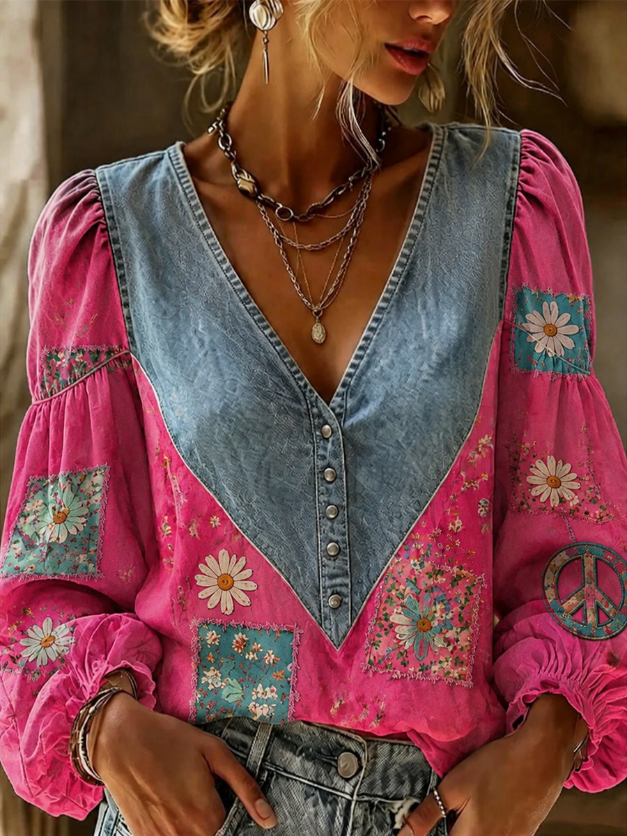 Retro Style Denim Patchwork Art Printed Vintage V-Neck Casual Long Sleeve Shirt