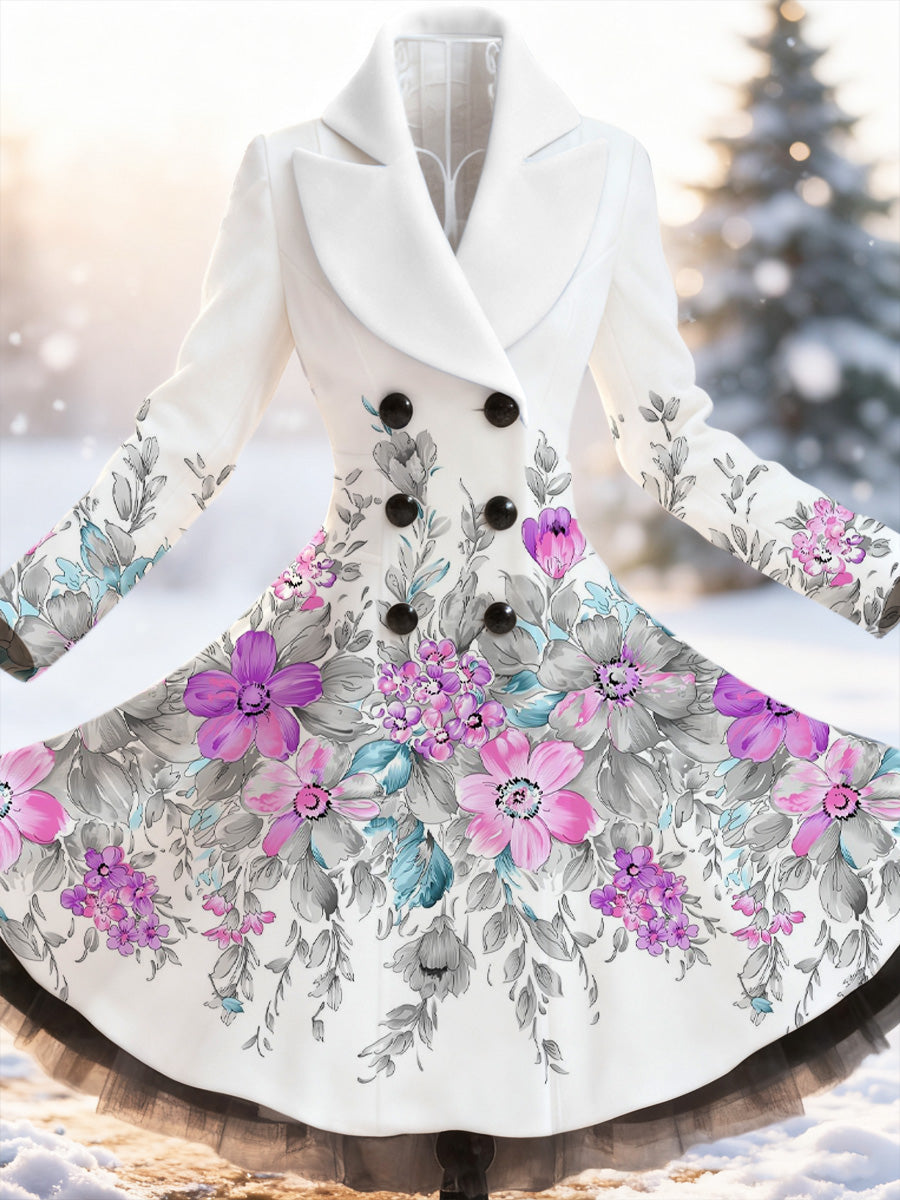 Retro Artistic Floral Print Vintage Elegance Lapel Button Up Long Sleeve Coat Dress