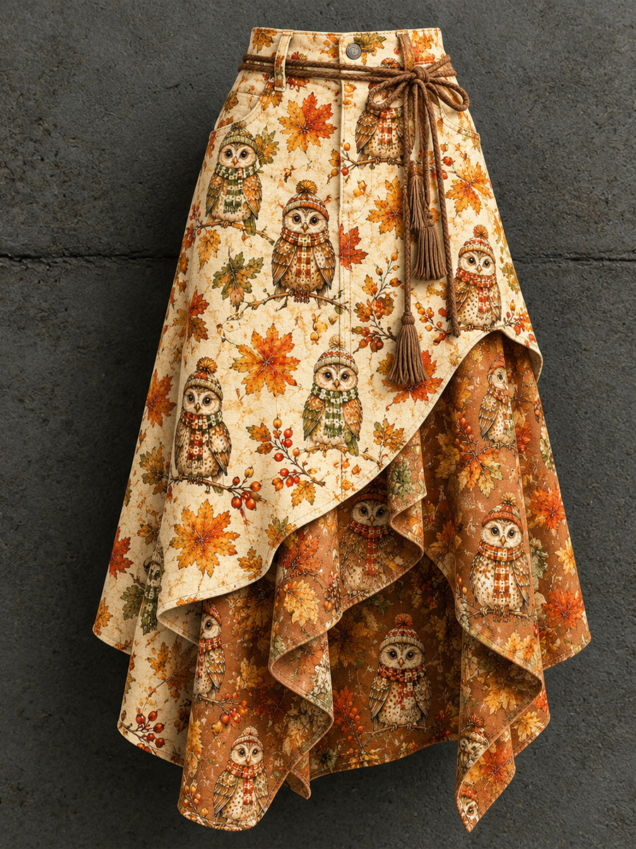 Women's Retro Style Art Print Irregularly Layered Stitched Skirt