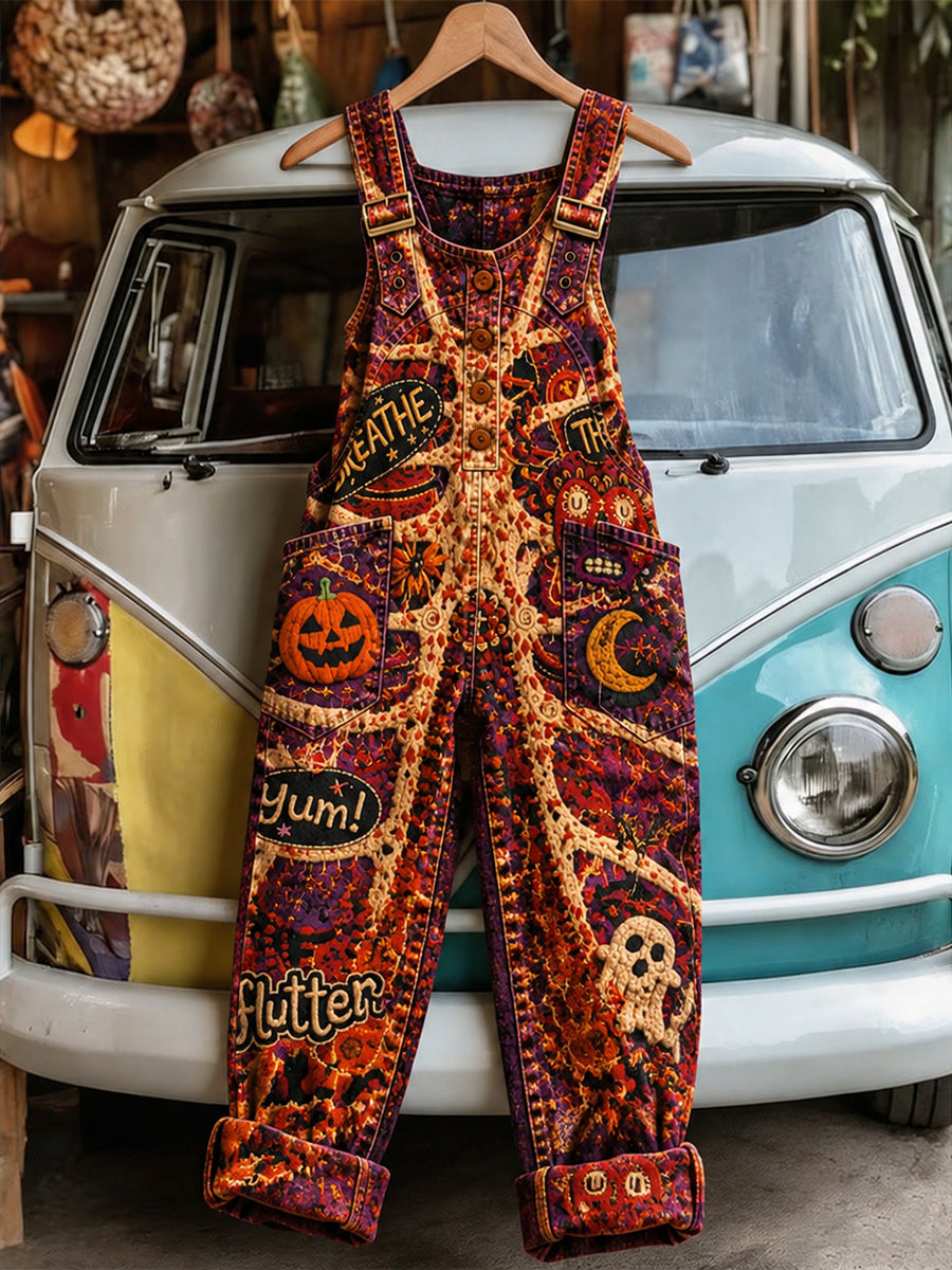 Women's Retro Style Art Print Washed Cotton Denim Patchwork Jumpsuit