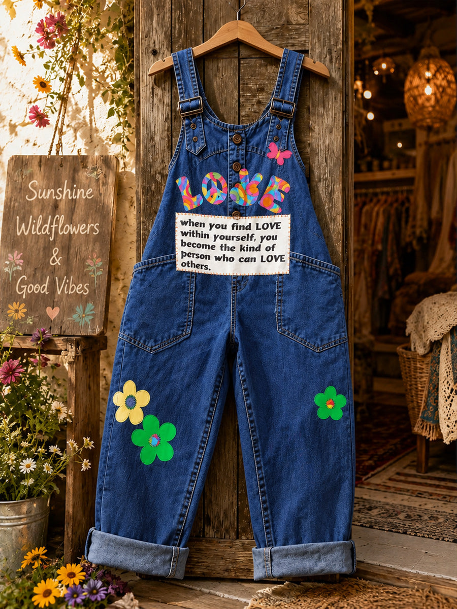 Women's Retro Style Art Print Washed Cotton Denim Patchwork Jumpsuit