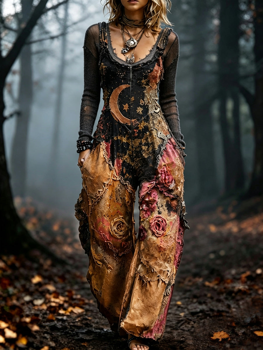 Women's Retro Autumn Style Art Print Washed Cotton Denim Patchwork Jumpsuit