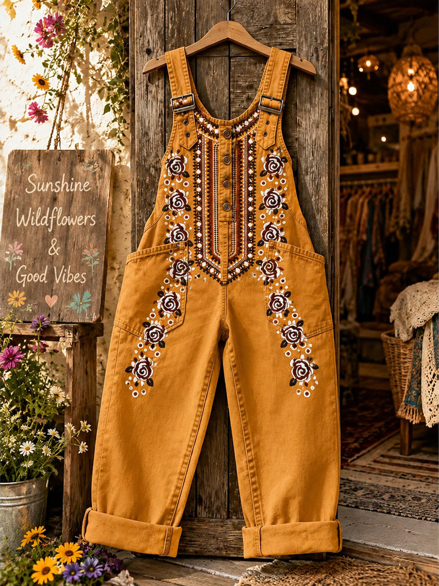 Women's Retro Style Art Print Washed Cotton Denim Patchwork Jumpsuit