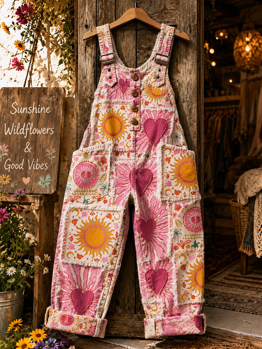 Women's Retro Style Art Print Washed Cotton Denim Patchwork Jumpsuit