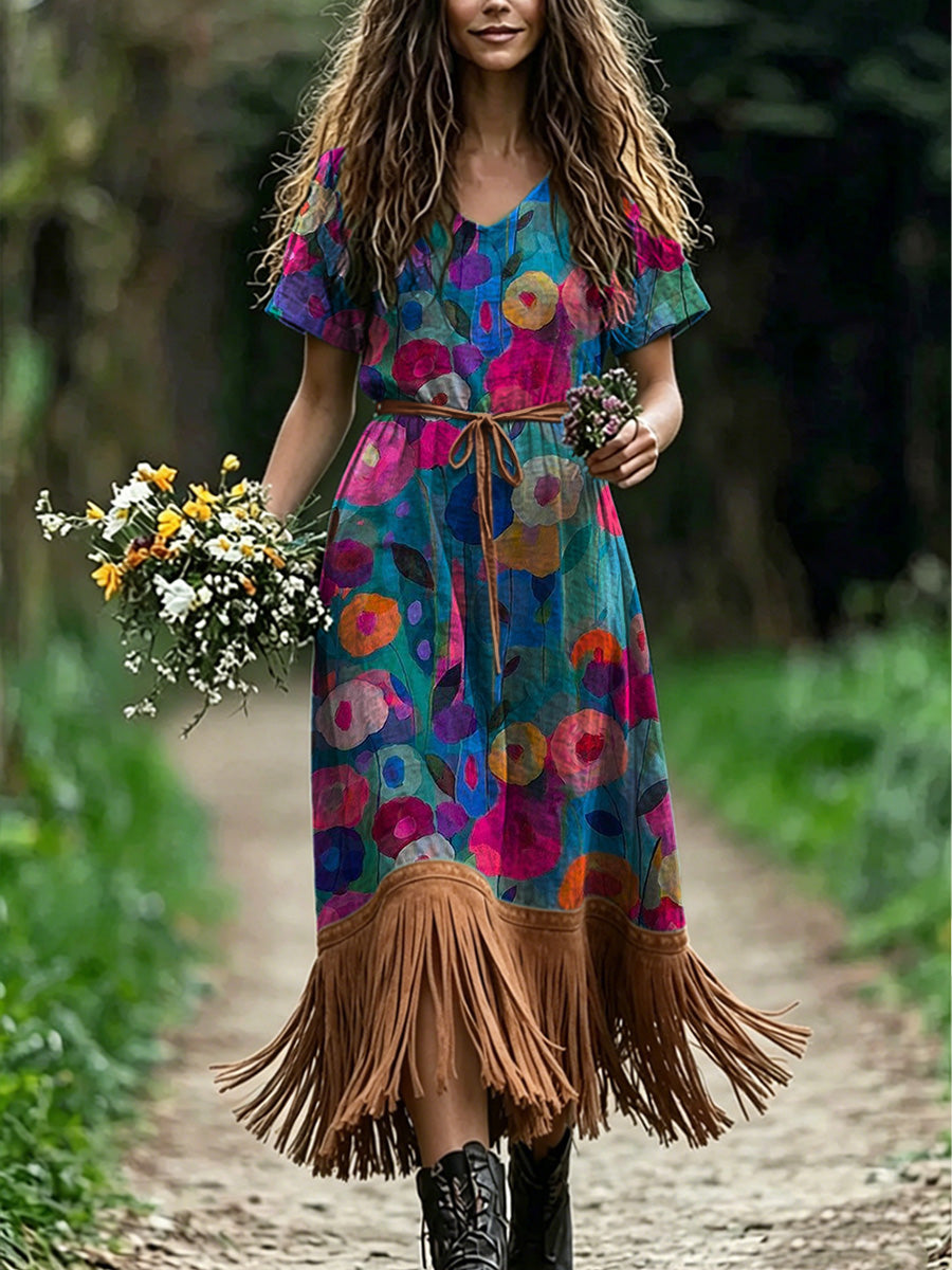 Women's Retro Floral Art Print Casual Vintage V-Neck Short-Sleeve Tassel Dress