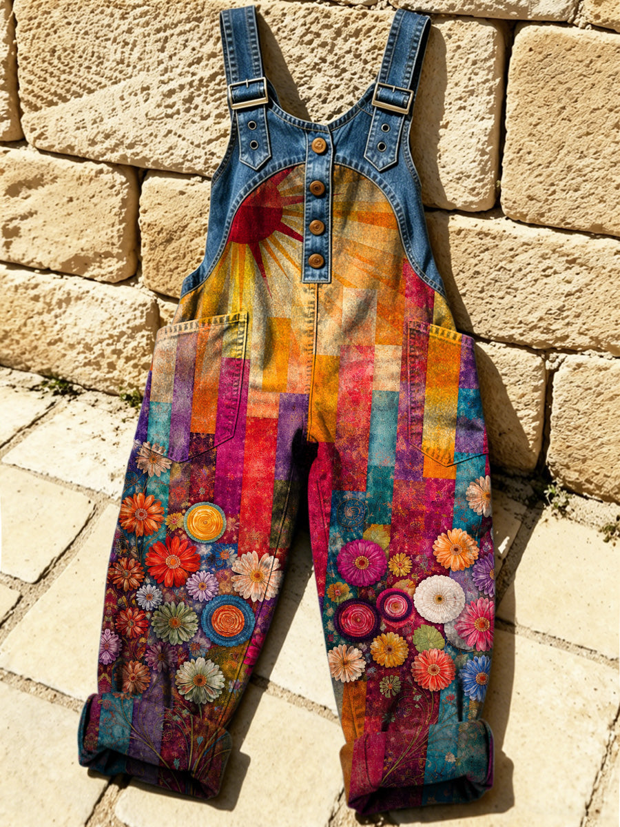 Women's Retro Floral Color-Blocked Art Print Washed Cotton Denim Patchwork Jumpsuit