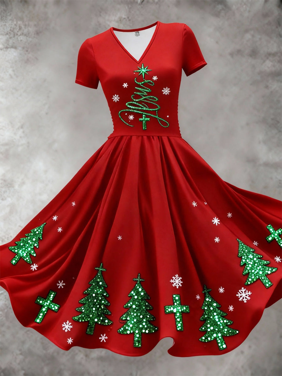 Retro Christmas Carved Artistic Texture Printed Vintage V-Neck Short Sleeve Midi Dress