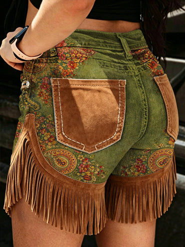 Women's Retro Style Art Print Casual Leather Fringe Patchwork Pocket Shorts