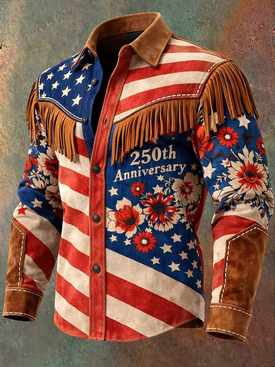 Men's Retro Western Style 250th Anniversary Print Vintage Tassel Casual Long Sleeve Shirt