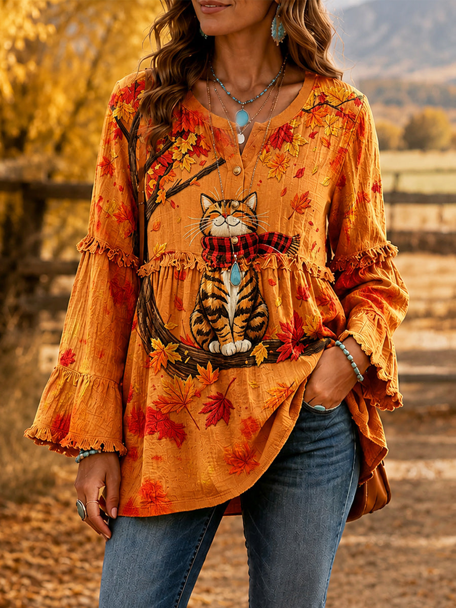Women's Retro Style Art Print Button-Down Collar Spliced Trumpet Long Sleeves Shirt