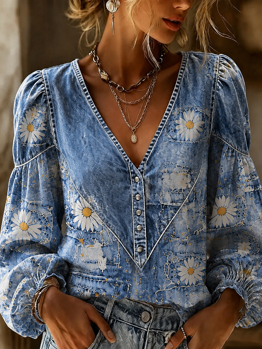 Retro Style Denim Patchwork Art Printed Vintage V-Neck Casual Long Sleeve Shirt