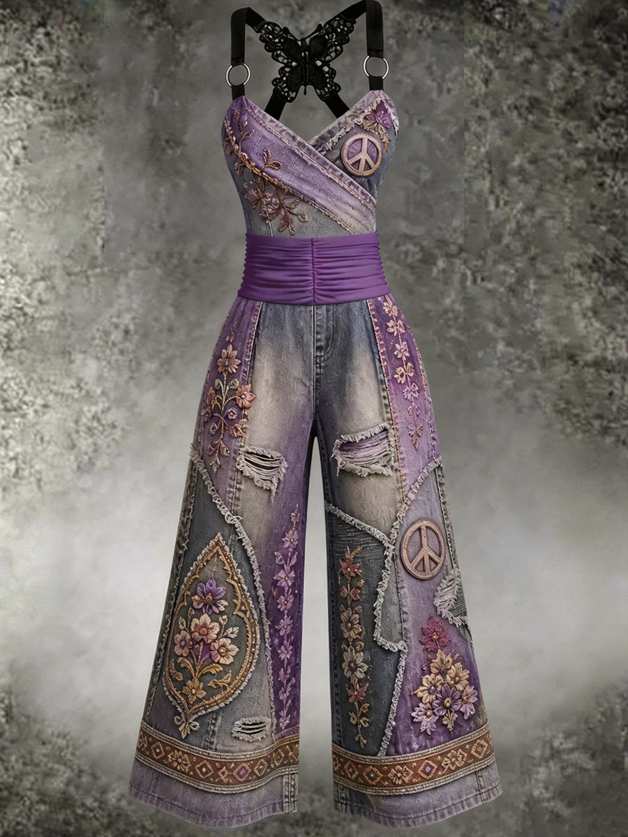 Women's Retro Art Print Butterfly Cross Adjustable Shoulder Strap Casual Jumpsuit