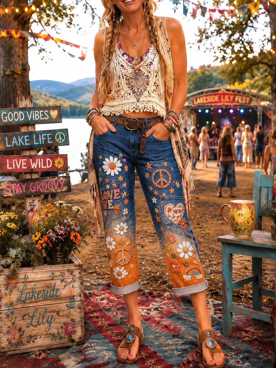 Retro Style Floral Art Print Vintage Casual Denim Shorts