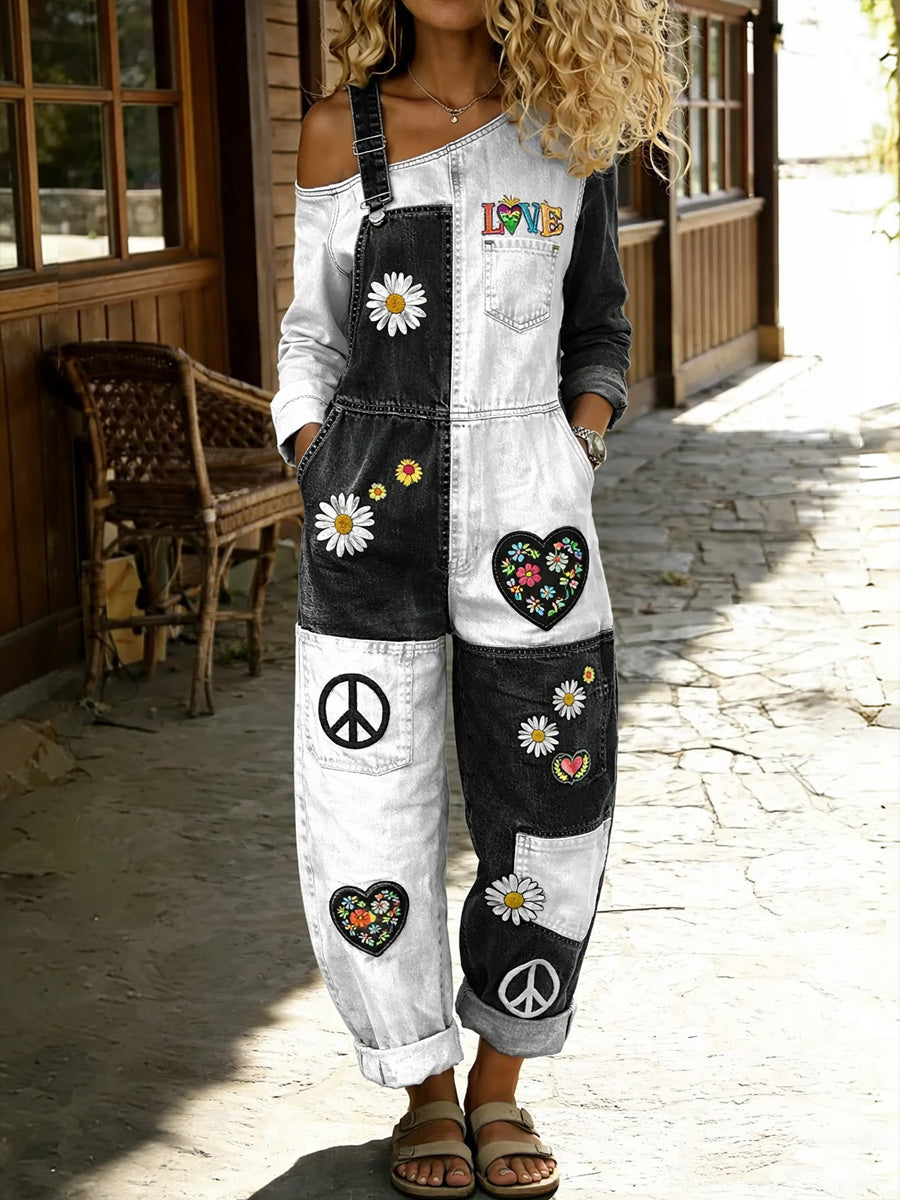 Women's Retro Hippy Floral Art Print Washed Cotton Denim Patchwork Jumpsuit