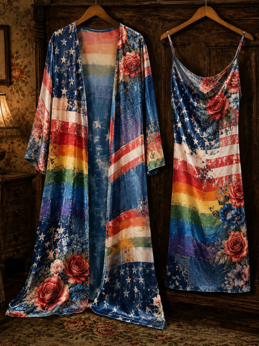Retro Pride Month Rainbow Art Printed Vintage Camisole Dress Long Sleeve Two-Piece Midi Dress