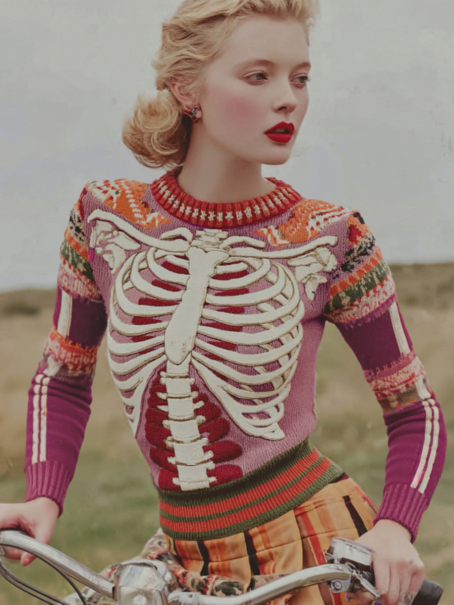 Retro Autumn Art Printed Vintage Round-Neck Casual Long Sleeve Top