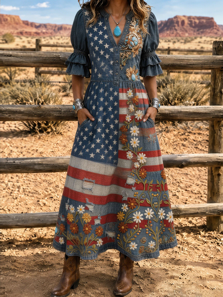 Women's Retro Art Print Washed Cotton Layered Patchwork Midi Dress