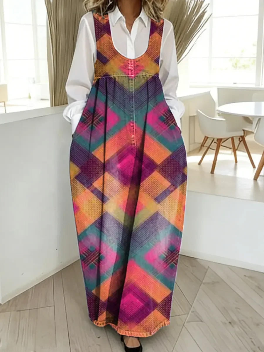 Women's Floral Art Print Washed Cotton Patchwork Pocket Shoulder Strap Dress
