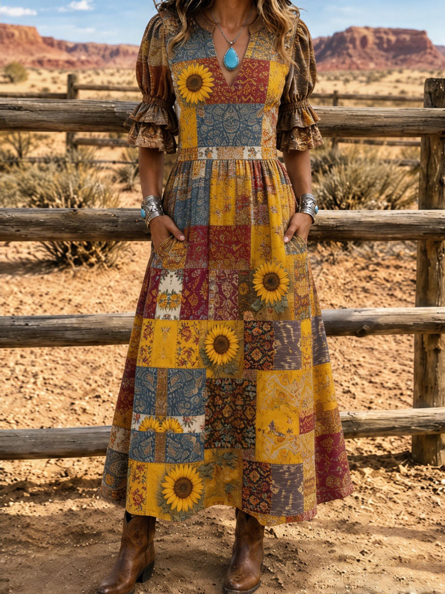 Women's Retro Art Print Washed Cotton Layered Patchwork Midi Dress