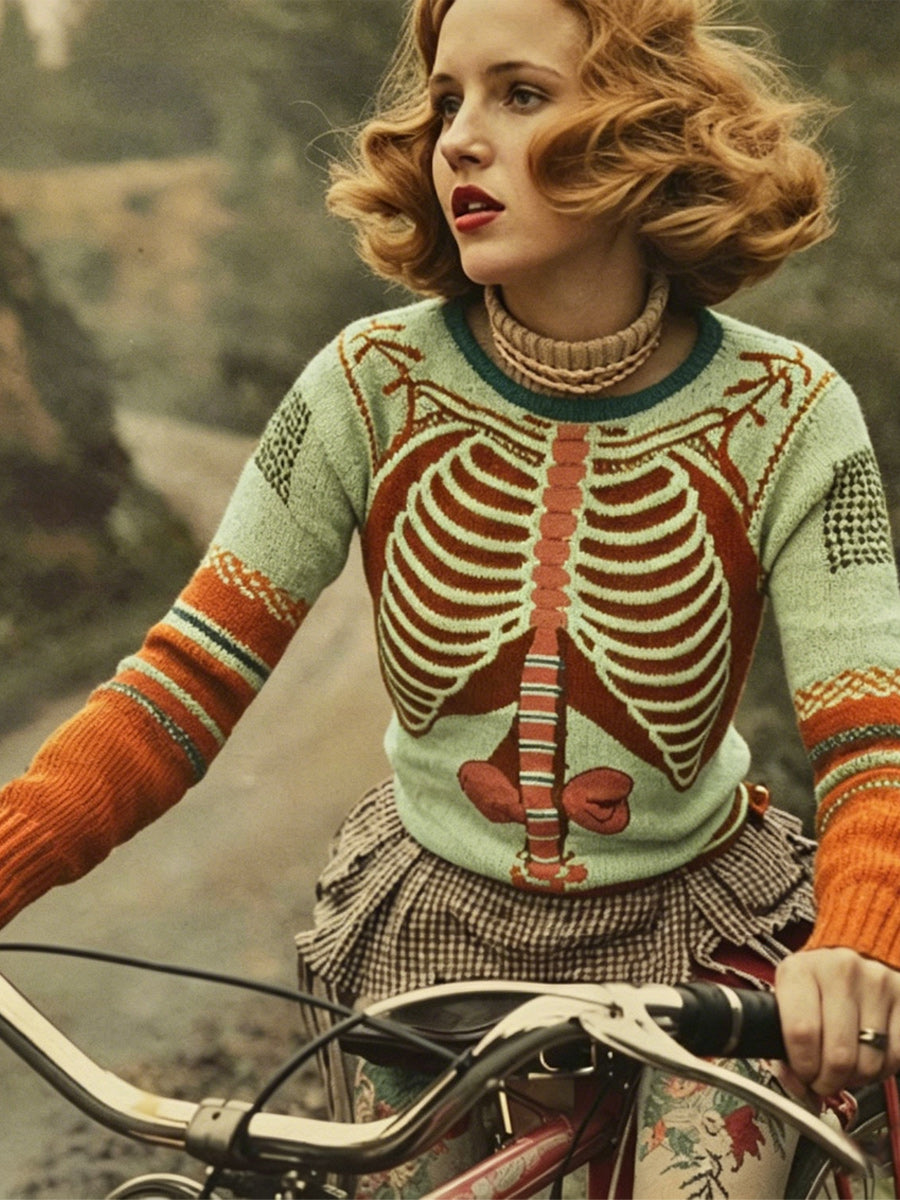 Retro Autumn Art Printed Vintage Round-Neck Casual Long Sleeve Top