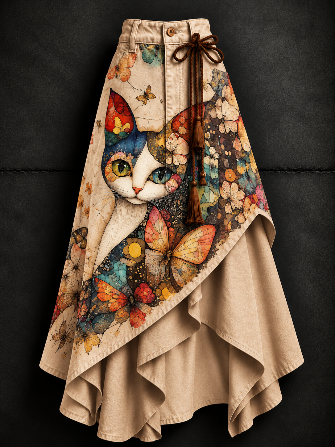 Women's Retro Style Art Print Irregularly Layered Stitched Skirt