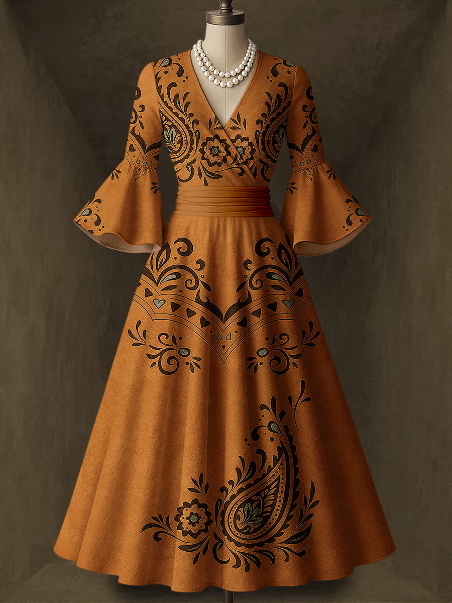 Retro Floral Carved Art Printed V-Neck Vintage Chic Pleated Waist Flare Sleeve Midi Dress