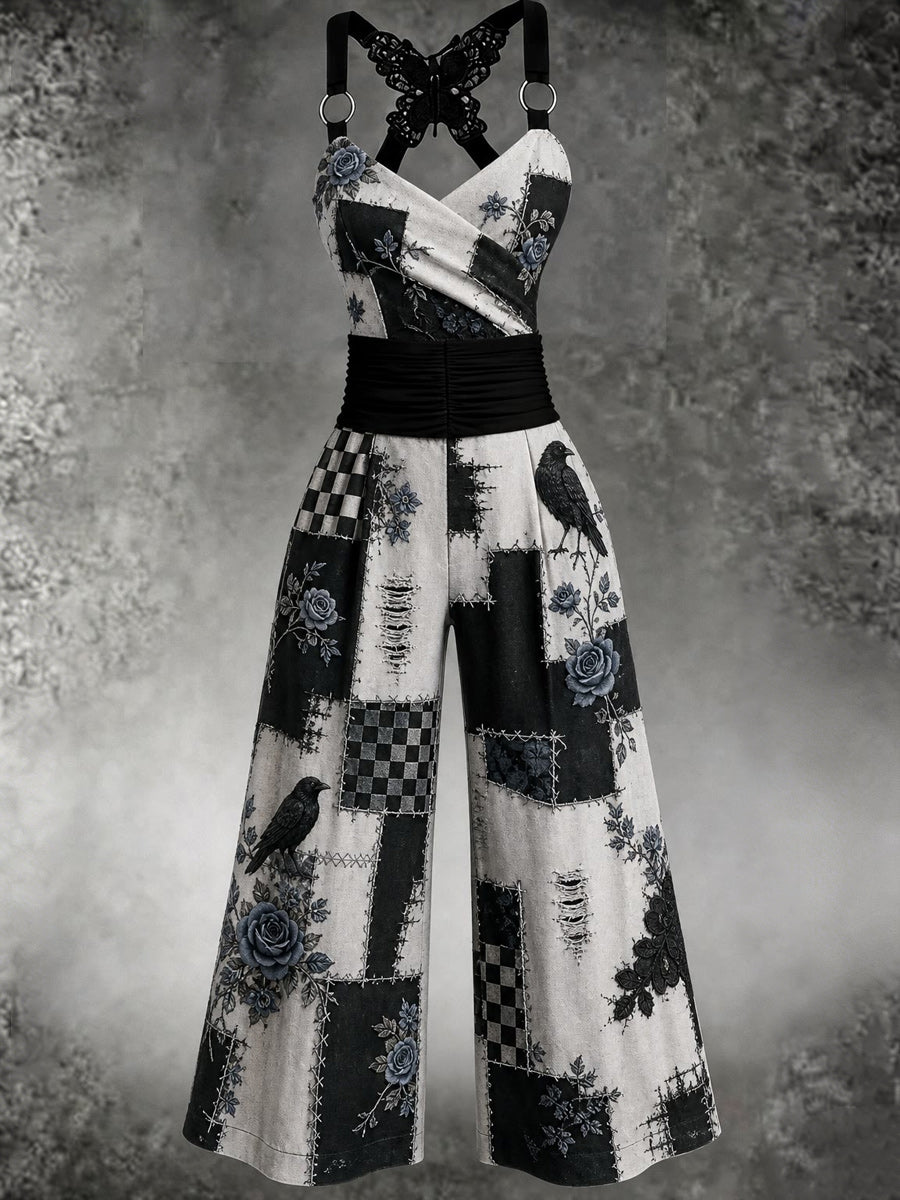 Women's Retro Art Print Butterfly Cross Adjustable Shoulder Strap Casual Jumpsuit