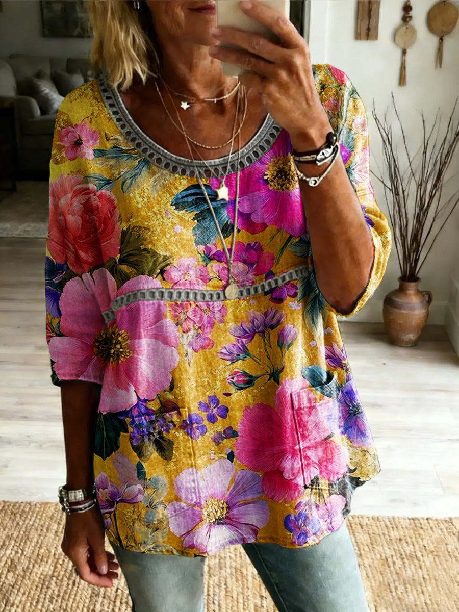 Women's Retro Casual Style Print Vintage Half Sleeves Shirt