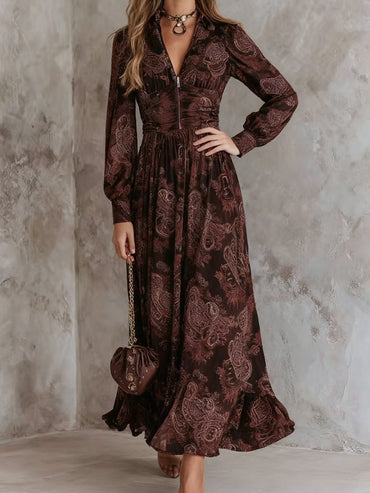 Retro Western Pattern Art V-Neck Zipper Pleated Waist Vintage Chiffon Maxi Dress